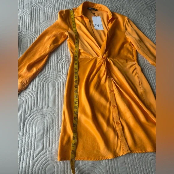 NWT Zara Orange twist satin shirt dress. Size Small. Long sleeves, deep v neck. - Picture 13 of 16